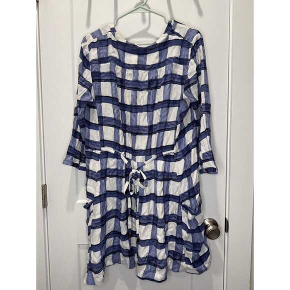 Anthropologie Maeve Devery Blue Plaid Tie Shirt Dress Large Windowpane Pockets - Picture 5 of 8